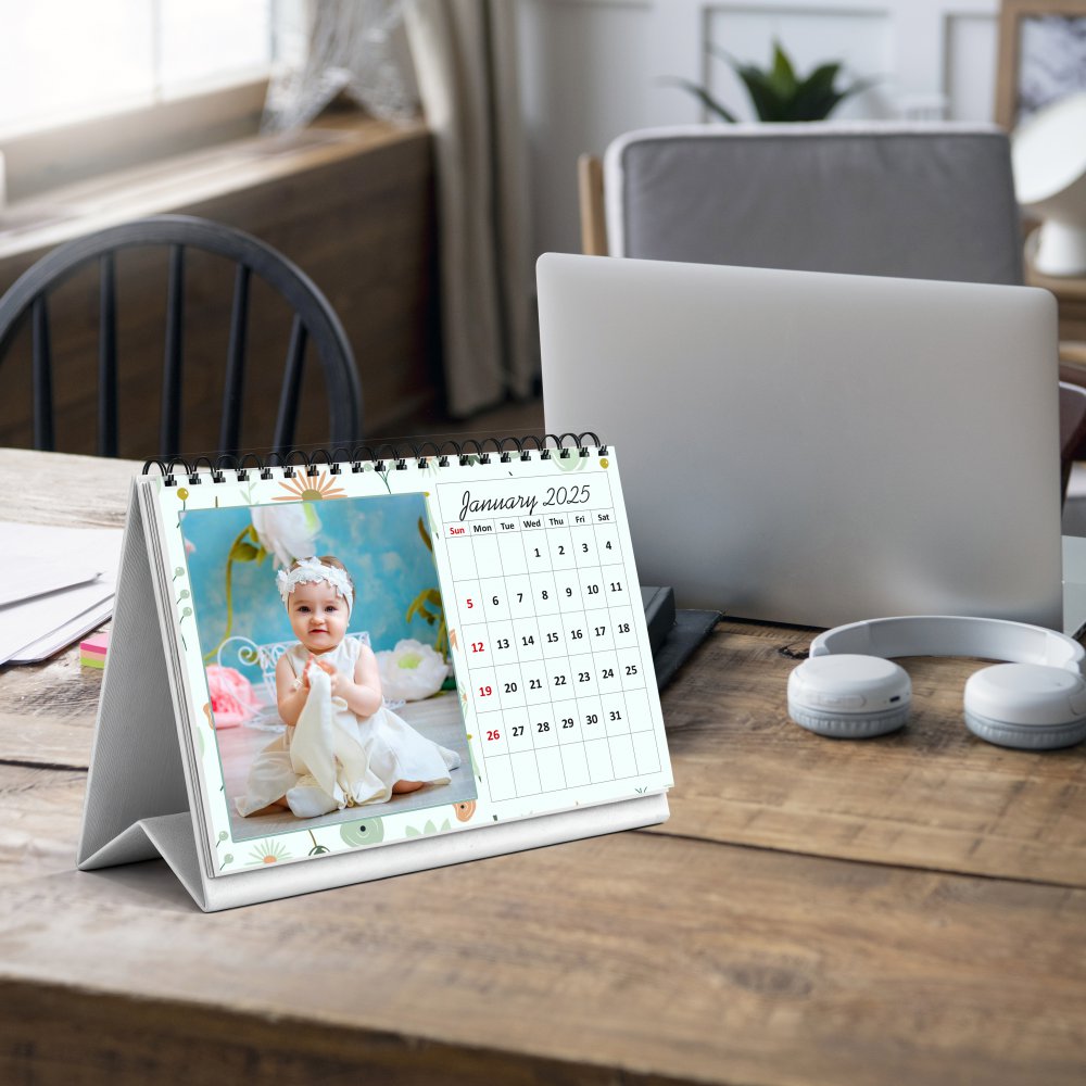 Personalized Table Top Photo Calendar | Wiro Bound | Card board Stand | Sizes - 6 X 8 , 8 X 8 , 8 X 10 inches | Horizontal Vertical & Square